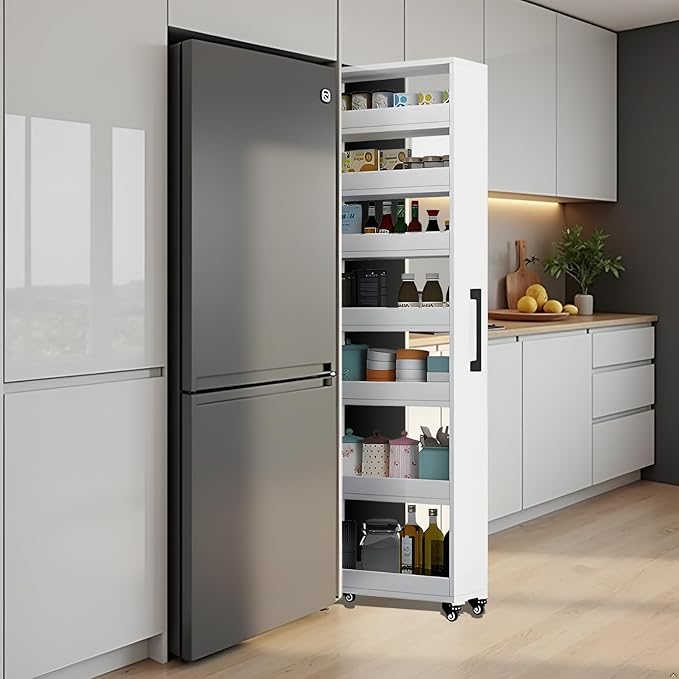 7-Tier Slim Storage Cart, Wooden Rolling Pantry Cabinet with Wheels, Narrow Shelf Organizer for Kitchen, Bakers Rack, Dining Room, Closet, Small Spaces Dark Walnut 47.2" H*5.9" W*16.9" D