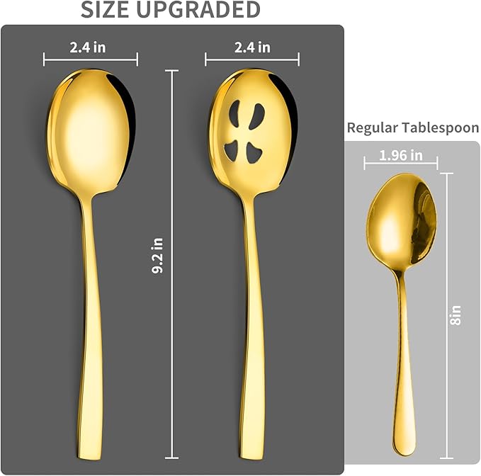 8 Piece Stainless Steel Serving Spoons Set - 4 Large, 4 Slotted, 9.2-Inch, Dishwasher Safe, for Parties/Kitchen/Buffet/Catering,Gold