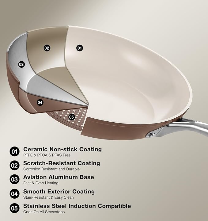KOCH SYSTEME CS 10 Inch Nonstick Frying Pan with Lid - Ceramic Non Toxic Brown