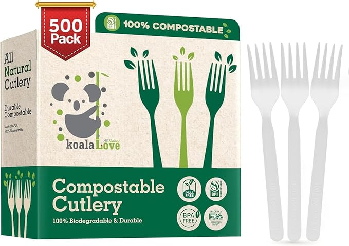 100% Compostable Forks 500 Large biodegradable forks Disposable Compostable Cutlery Silverware Utensils durable and heat resistant alternative to plastic forks with convenient tray by KOALALOVE