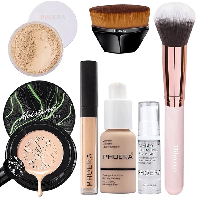 Mushroom Head Air Cushion CC Cream Natural Foundation,PHOERA Foundation,PHOERA Concealer, PHOERA Primer, PHOERA Powder, Kabuki Makeup Brushes Foundation (101 Porcelain+01 Ivory CC)-BrightBean Baby