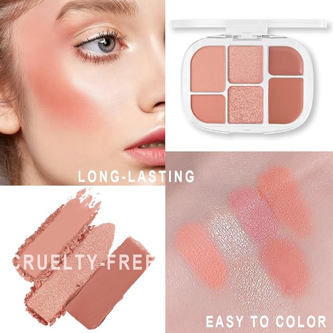 6-in-1 Cream & Powder Makeup Palette – Blush Highlighter & Eyeshadow, Matte & Shimmer Nude Tones, Travel-Friendly Compact for Daily & Travel Use 01-BrightBean Baby