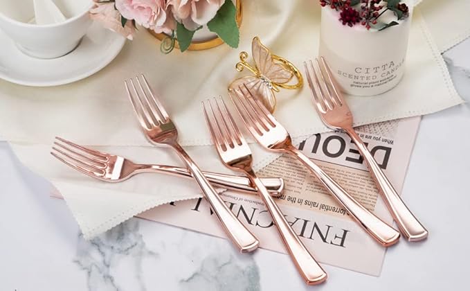 Liacere 200 Pack Rose Gold Disposable Forks - 7.4 Inch Heavy Duty Plastic - Rose Gold Silverware for Catering, Parties, Dinners, Weddings & Mother's Day