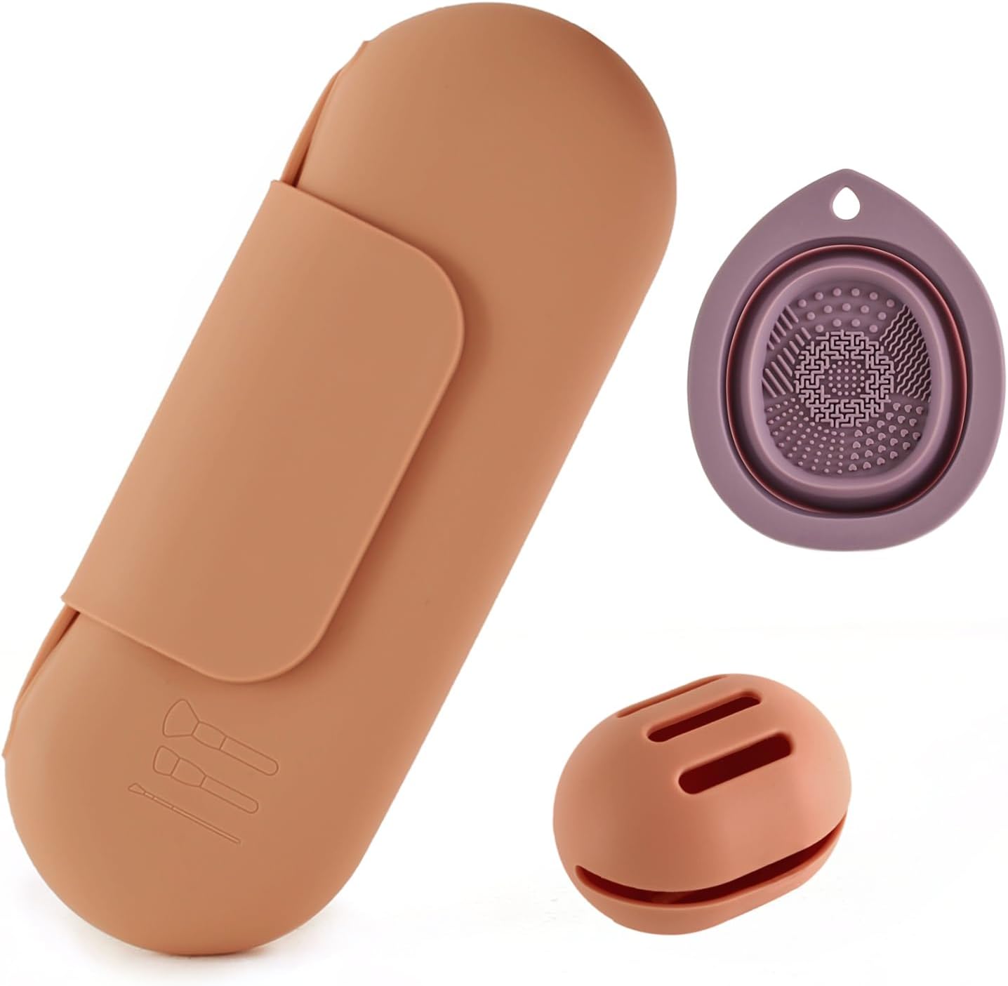 Silicone Makeup Brush Holder Set – Portable Travel Makeup Brush Holder with Makeup Sponge Holder and Foldable Cleaning Bowl – Upgraded 3-in-1 Cosmetic Organizer Set (coffee color)-BrightBean Baby