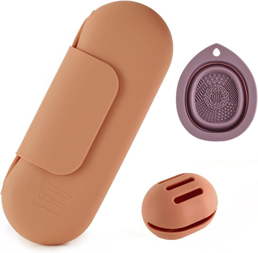 Silicone Makeup Brush Holder Set – Portable Travel Makeup Brush Holder with Makeup Sponge Holder and Foldable Cleaning Bowl – Upgraded 3-in-1 Cosmetic Organizer Set (coffee color)-BrightBean Baby