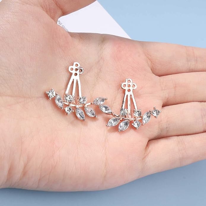 Boho Crystal Leaf Ear Jackets Earrings Gold Cz Crystal Earrings Rhinestone Front Back Studs Earrings Minimalist Earrings Jewelry for Women and Girls Gifts-BrightBean Baby