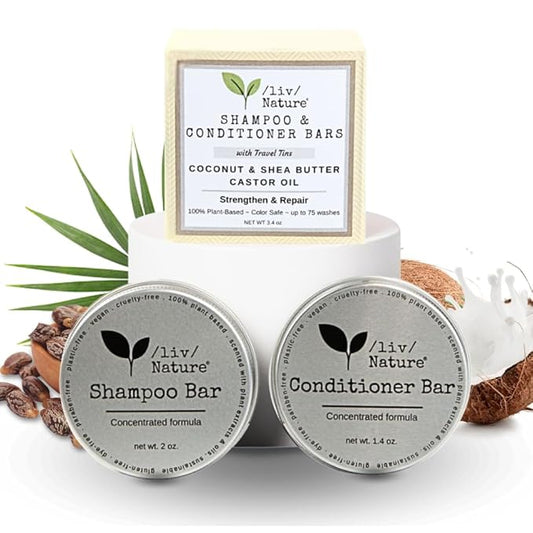 Shampoo Bar and Conditioner Set with Travel Case | Strengthen and Repair Dry Hair | Coconut, Castor Oil, Shea Butter | Made in USA | 2-pk-BrightBean Baby