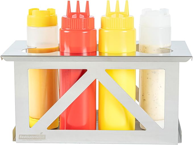 Restaurantware Squeeze Bottle Holder Pack of 1 Stainless Steel 8 Hole Bottle Holder, 2.5" Diameter Fits 1/3 Size Opening, Dishwasher Friendly Integrated Lip Design Holder for Condiment Bottles