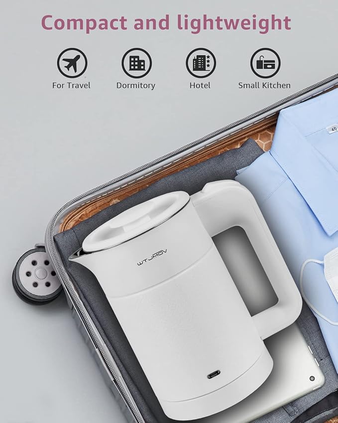 0.6L Small Electric Tea Kettle Lightweight, 20 Ounce Double Wall Hot Water Boiler Stainless Steel Auto Shut-off, 120V Portable Travel Electric Kettle Fast Boil for Tea and Coffee,White