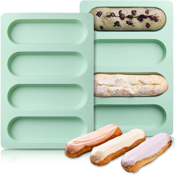 2 Pcs Eclair Silicone Molds Hot Dog Bun Granola Bar Mold Nonstick & Heat proof Baking Pan Bread Mold for Homemade Hotdog Bun Rolls
