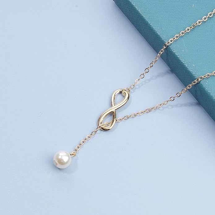 Boho Pearl Infinity Necklace Silver Y Pearl Necklace Minimalist Chain Y Lariat Necklace Chain Jewelry for Women and Girls-BrightBean Baby