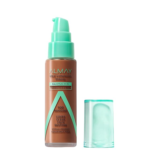 Almay Clear Complexion Acne Foundation Makeup with Salicylic Acid - Lightweight, Medium Coverage, Hypoallergenic, Fragrance-Free, for Sensitive Skin, 900 Mahogany, 1 fl oz.-BrightBean Baby