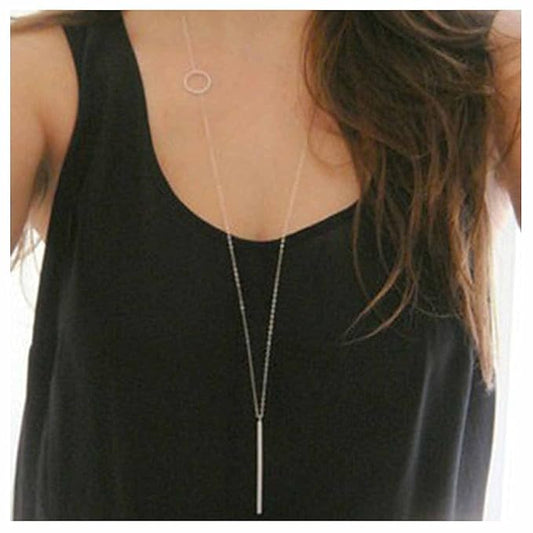 Vertical Bar Circle Necklace Silver Circle Pendant Necklace Boho Long Necklaces Chain Minimalist Geometric Ring Necklace Jewelry for Women and Girls-BrightBean Baby