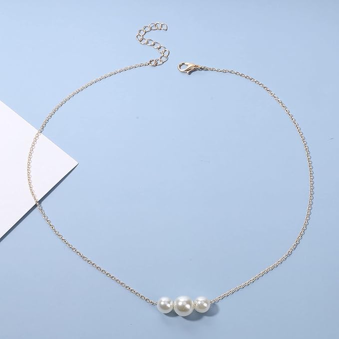 Boho Pearl Choker Necklace Gold Pearl Pendant Necklace Tiny Pearl Floating Necklace Minimalist Wedding Necklace Jewelry Women and Girls Gifts-BrightBean Baby