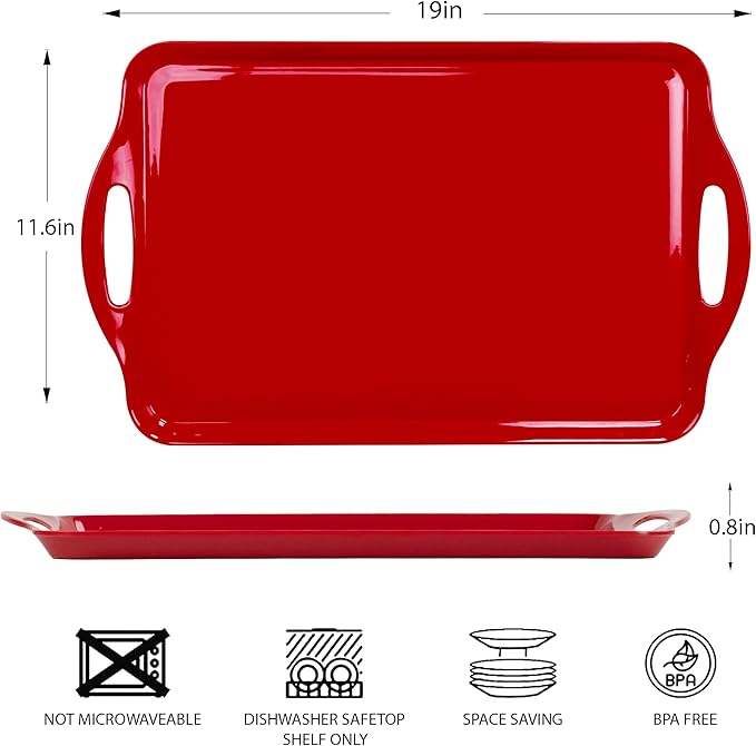 Extra Large Red/White Christmas Serving Tray with Handles, 19''x11.6'' Melamine Platters, Rectangular Trays for Serving Food, Turkey, Cookie, Cupcakes, Desserts, Dishwasher Safe, BPA-Free, Set of 2