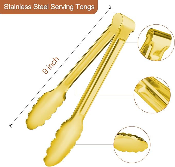 Gisly 6-Piece Gold Serving Tongs, Gold Serving Utensils, Stainless Steel Gold Plated Buffet Serving Tongs,Salad Buffet Tongs,9 Inch