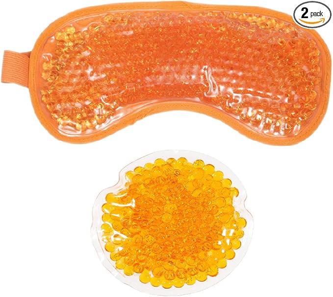 HOT +Cold Aqua Pearls Plush Eye Mask with Soft Plush Backing and Fully Adjustable Strap, Bonus Mini Round pad-2PACKS(Orange, Eye Mask+ Mini Round Pad)-BrightBean Baby