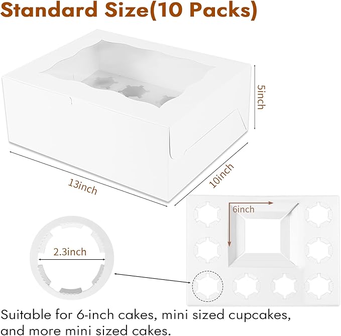 10 pack Cake and 8 Cupcakes Bento Box transparent and clear Dessert Storage Container with Lid Portable Box for Cakes Cupcakes, Great for Birthdays Parties (White, 1+8(10Pack))