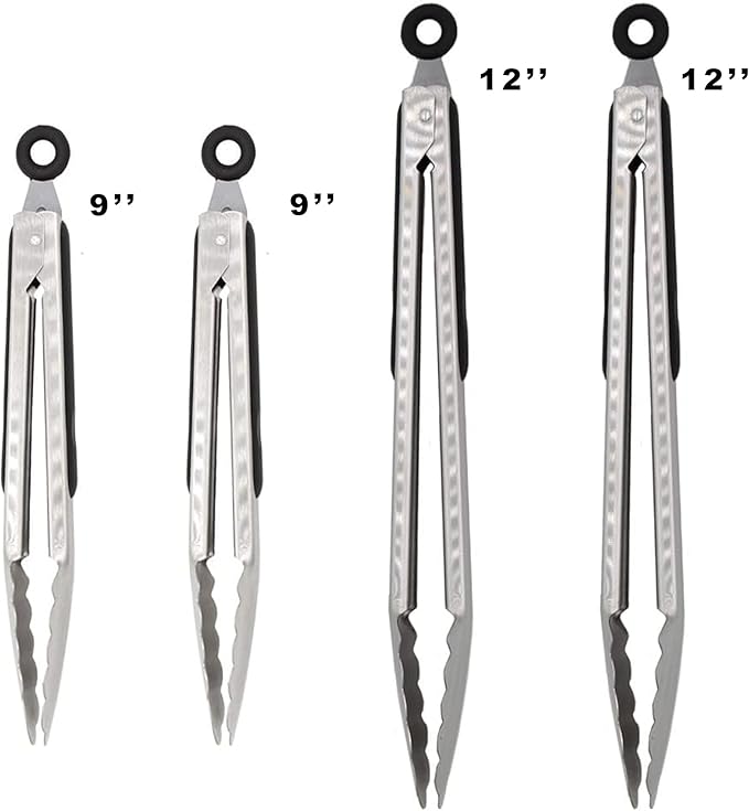 304 Stainless Steel Kitchen Cooking Tongs, 9" and 12" Set of 4 Sturdy Grilling Barbeque Brushed Locking Food Tongs with Ergonomic Grip, Black