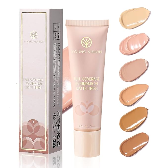 YOUNG VISION Full Coverage Longwear Foundation, Matte Finish, Waterproof, Poreless Liquid Foundation Makeup, Base de Maquillaje Alta Cobertura, 1 fl.oz-BrightBean Baby