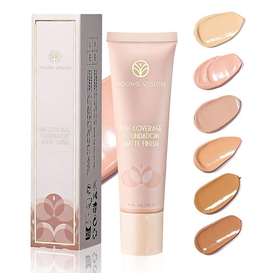 YOUNG VISION Full Coverage Longwear Foundation, Matte Finish, Waterproof, Poreless Liquid Foundation Makeup, 1 fl.oz-BrightBean Baby
