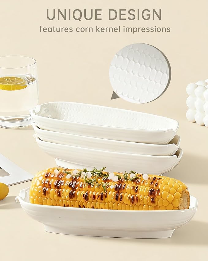 Ceramic Corn Cob Holders, 9" Corn on the Cob Dishes Set of 2, White Corn Cob Dishes with Non-Slip Bottom, With 4 Corn Cob Holders, Microwave Dishwasher Oven Safe