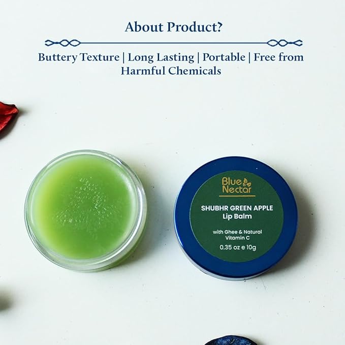 Blue Nectar Shubhr Green Apple Lip Balm & Gloss with Ghee & Natural Vitamin C for dry chapped lips with intense moisturization |100% Ayurvedic | Paraben & Sulphate Free| (0.5 oz,10 Herbs)-BrightBean Baby