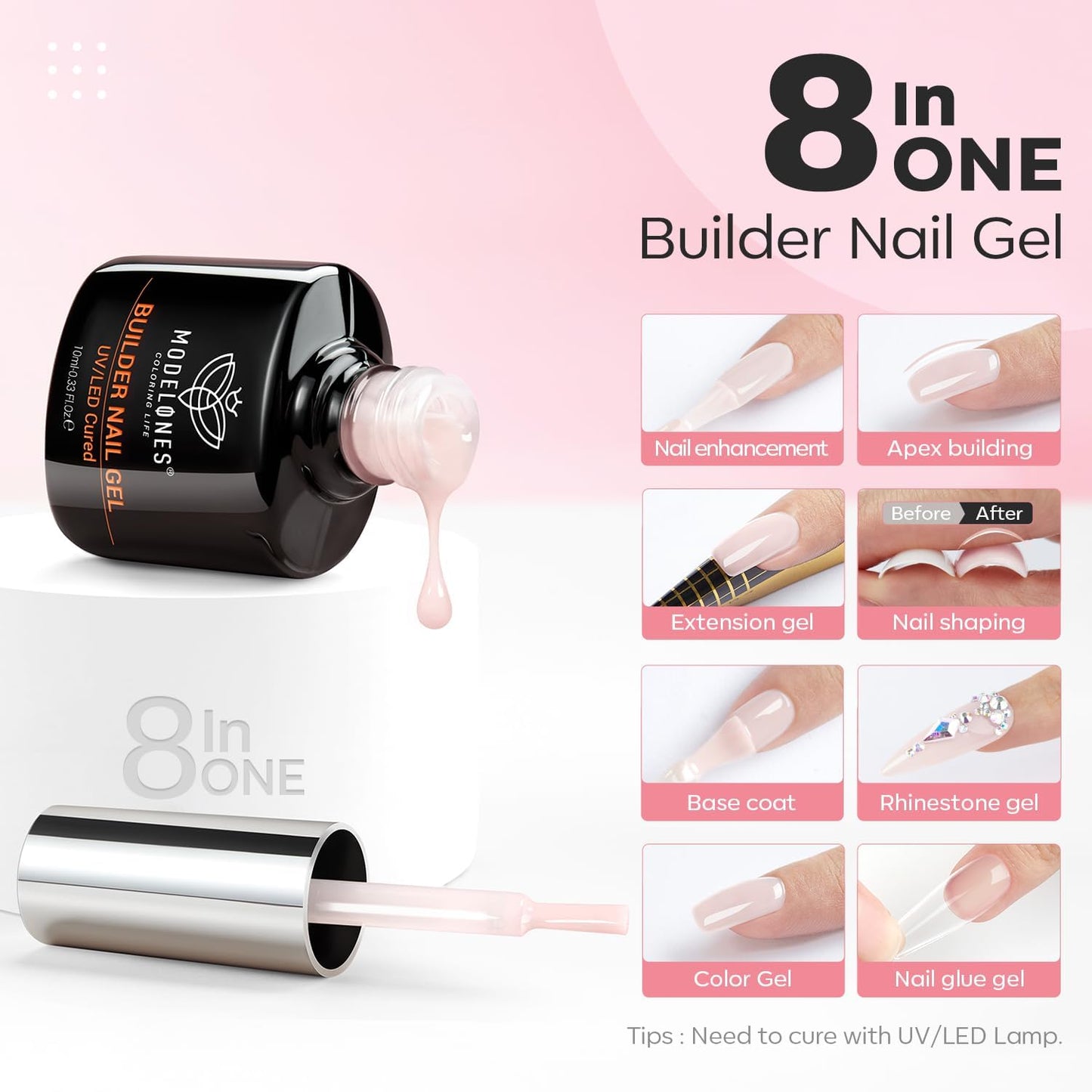 modelones Nail Dehydrator and Primer with Builder Nail Gel, 3Pcs Cover Nude Pink LED Gel Builder Polish Base Coat Prep Dehydrate & Bond Primer for Apex Building Thickening 10ml Home DIY Salon-BrightBean Baby