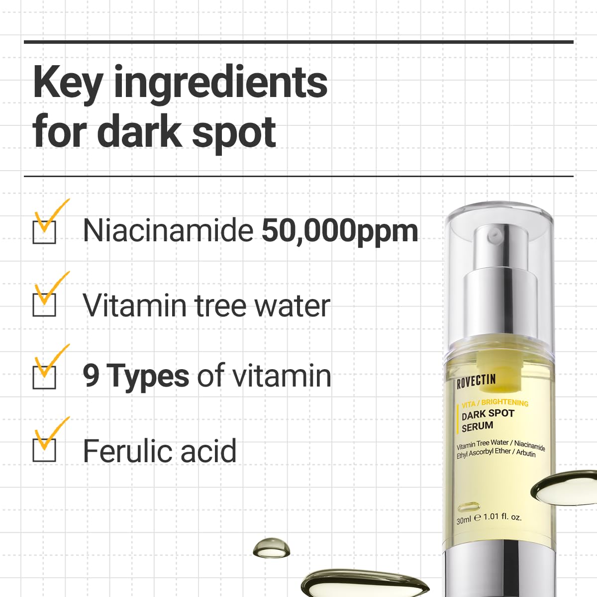 ROVECTIN Vita Dark Spot Serum for Clearing Blemish and Evening Skin Tone | Rich Vitamin C, Brightening, Hydrating For Dry, Sensitive, Normal, Oily Skin | Vegan K-Beauty (1.01 Fl. Oz, 30ml)-BrightBean Baby