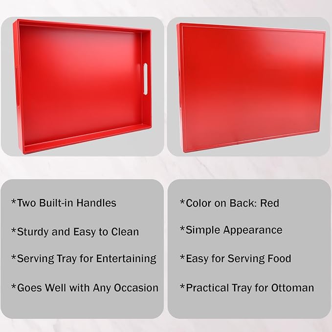 Red Serving Tray for Coffee Table, Rectangular Plastic Decorative Tray with Handles for Entertaining, Outdoor Patio, Living Room, Ottoman, Bathroom Counter, 11.8”*15.7”*1.6”