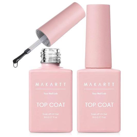 Makartt Gel Top Coat - 2PCS No Wipe Top Coat Gel Nail Polish, Long-Lasting Glossy Finish, Clear Nail Polish, Non-Yellowing, Pink Bottle, Soak Off with UV/LED Lamp, DIY Manicure Gift for Women-BrightBean Baby