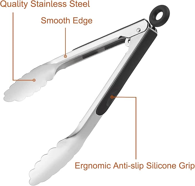 9 Pieces Stainless Steel Kitchen Tongs Grilling Locking Cooking Tongs Non-Slip Metal Food Tongs for Cooking, Salad and BBQ, 7, 9 and 12 Inch