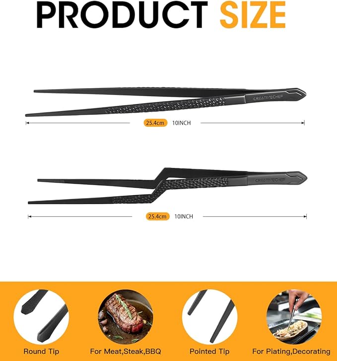 CREATIVECHEF Chef Tweezer Tongs, Professional Kitchen Tweezers, Precision Tweezer Tongs for Cooking, BBQ, Plating, Stainless Steel, Black (2)