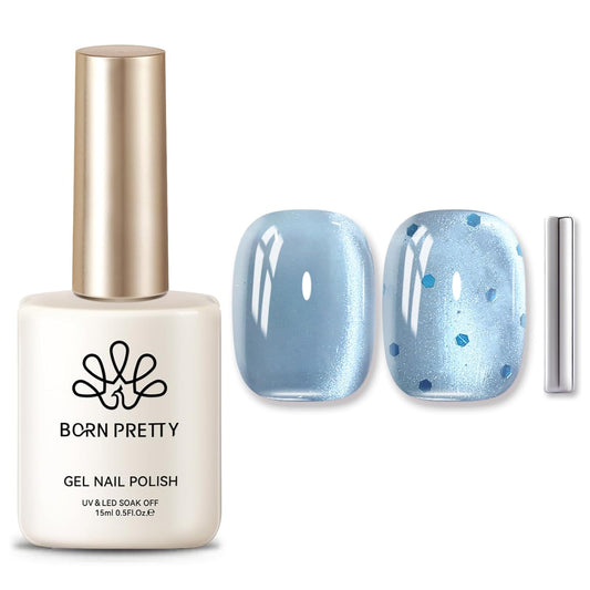 BORN PRETTY Cat Magnetic Eye Gel Nail Polish, Blue Glitter Cat Magnetic Gel Nail Polish, Crescent Bay Magnetic Nail Polish for Nail Art Manicure Salon DIY at Home 15ML-BrightBean Baby