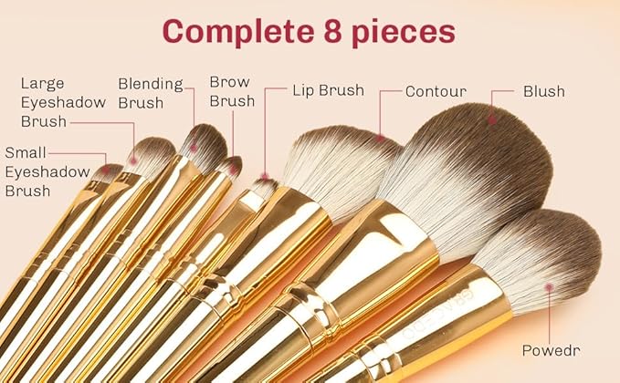 8pcs Gold Makeup Brush Set for All Skill Levels Easy Clean Soft Lint Free Brushes Travel Friendly Kit Foundation Powder Eyeshadow Blush Contour-BrightBean Baby