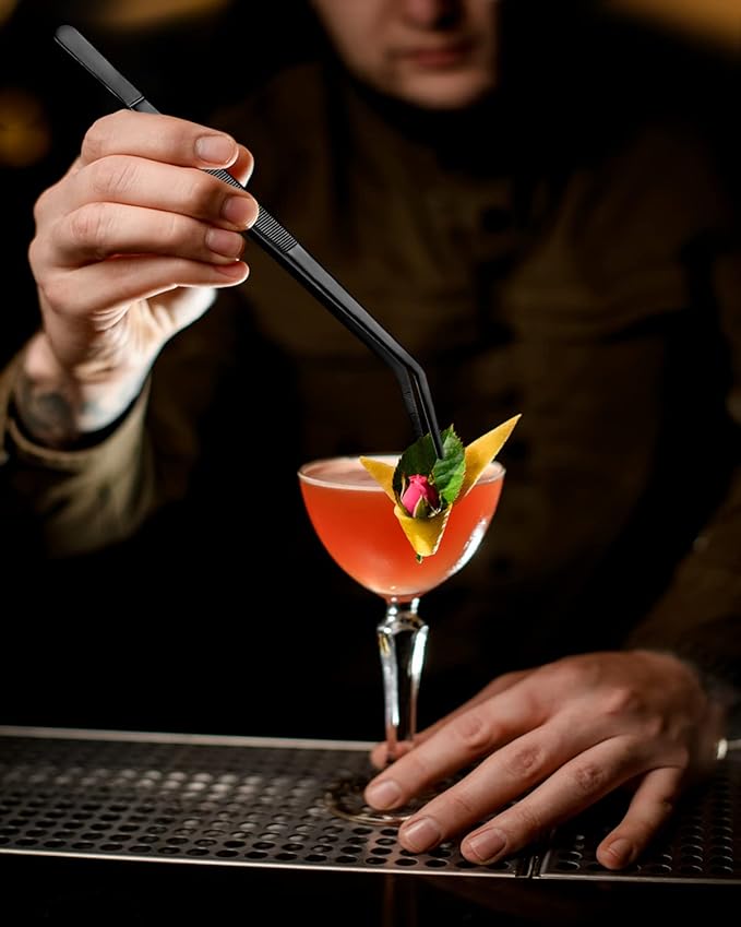 Fine Cooking Tweezers Set, Professional Stainless Steel Food Tongs, Kitchen Black Long Chef Tweezer for Cooking, Plating, Decorating and BBQ (BLACK, 12 inch)