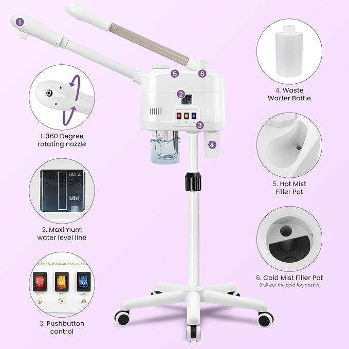 Professional Facial Steamer, 2 in 1 Facial Steamer on Wheels for Cold Mist & Hot Mist & Timer Function, Stand Face Steamer Adjustable Height for Spa, Salon and at Home use-BrightBean Baby