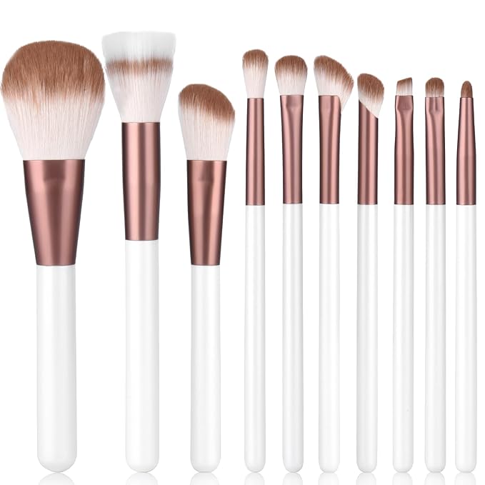 Makeup Brushes Set With Case 10Pcs White Makeup Brush Kit Foundation Eyeshadow Powder Blending Kabuki Eyebrow Eyelash Brushes Cosmetic Brush Travel Kit Gift (White+Brown)-BrightBean Baby