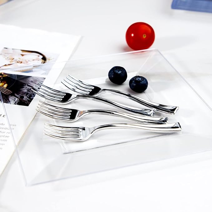 WDF 300 Pieces Silver Plastic Mini Forks 4 Inches Silver Plastic Forks Heavy Duty Plastic Tasting Forks Perfect for Christmas Small Appetizers and Desserts