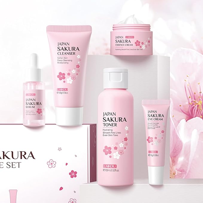 Skin Care Set JAPAN SAKURA Women Beauty Gift Sets Skin Care Kit with Cleanser, Toner, Serum, Eye Cream, Face Cream Travel Kit for Women Teen Girls Mom Daughter Birthday TSA-friendly Sizes 5pcs-BrightBean Baby