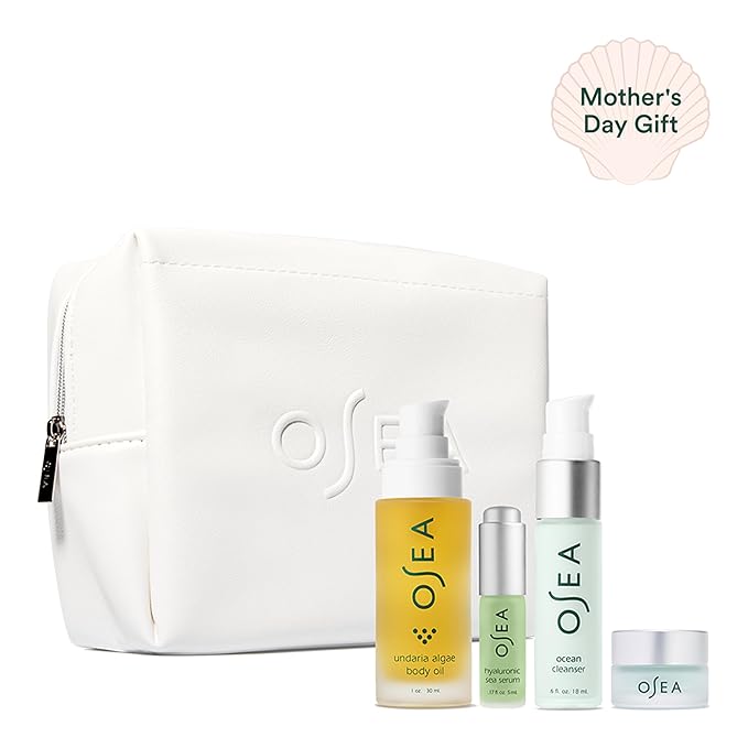 OSEA Bestsellers Discovery Skincare Set - 4-piece Skin Care Set - Vegan Leather Pouch, Body Oil, Face Cleanser, Water Cream, & Hyaluronic Acid Serum - Clean Beauty Travel Set - Ideal for Beauty Gifts-BrightBean Baby