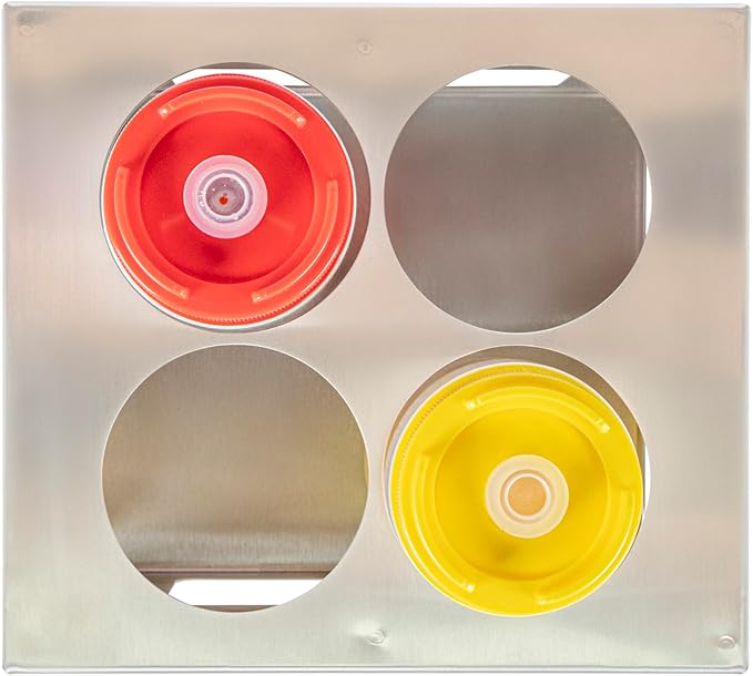 Restaurantware Squeeze Bottle Holder Pack of 1 Stainless Steel 4 Hole Bottle Holder, 2.5" Diameter Fits 1/6 Size Opening, Dishwasher Friendly Integrated Lip Design Holder for Condiment Bottles