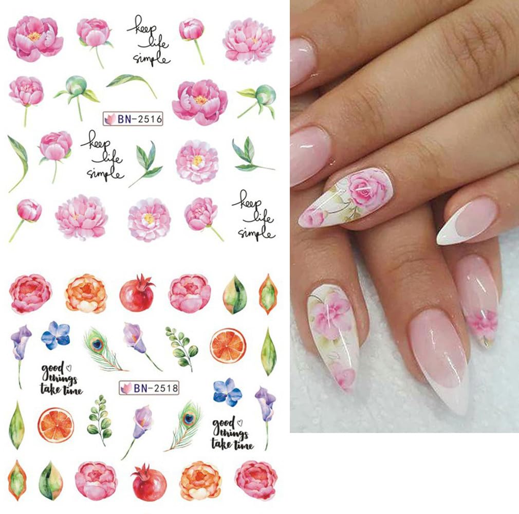 12 Sheets Flower Nail Water Transfer Decals, Nail Art Stickers for Women, Holographic Colorful Flower Leaf Patterns Nail Designs Supplies, Acrylic Nails Decorations DIY Resin Nail Decal Tattoos Set-BrightBean Baby