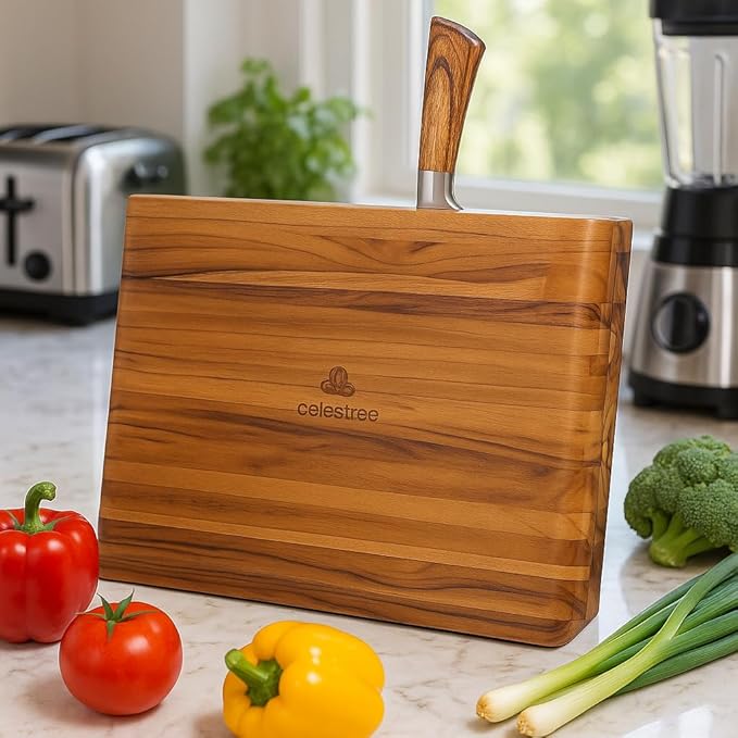 2 - in - 1 Magnetic Knife Block Holder with 16"x11" Teak Cutting Board, Crafted from Premium Natural Teak Wood,Juice Grooves, Kitchen Organizer for Home Chefs