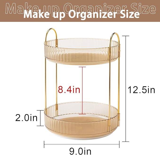 Rotating Makeup Organizer for Vanity, High-Capacity Skincare Clear Make Up Storage Perfume Organizers Cosmetic Dresser Organizer Countertop 360 Spinning (Gold, 2 Tier)-BrightBean Baby