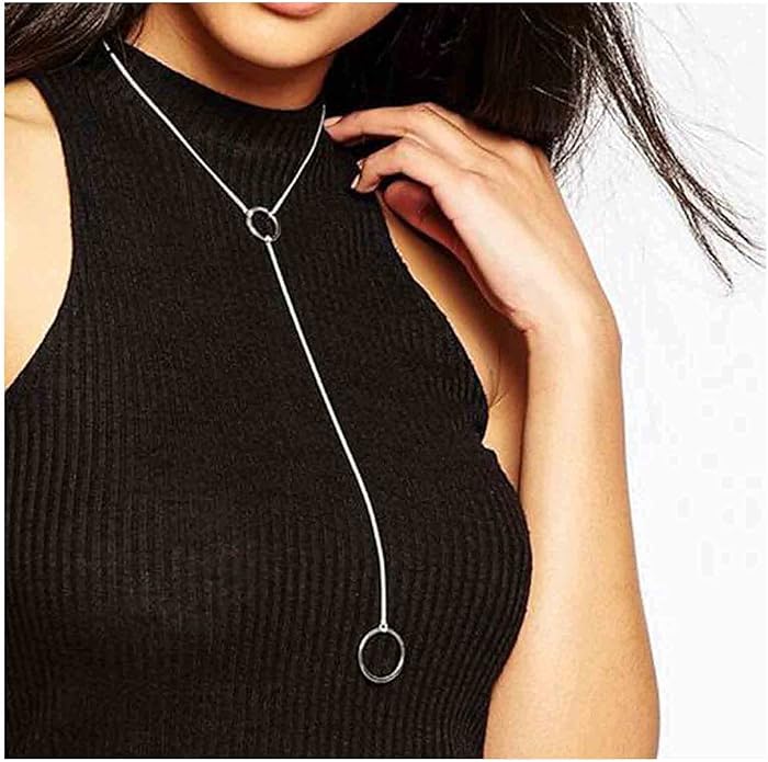 Boho Long Circle Pendant Necklace Silver Y Lariat Necklace Minimalist Y Drop Chain Necklace Jewelry for Women-BrightBean Baby