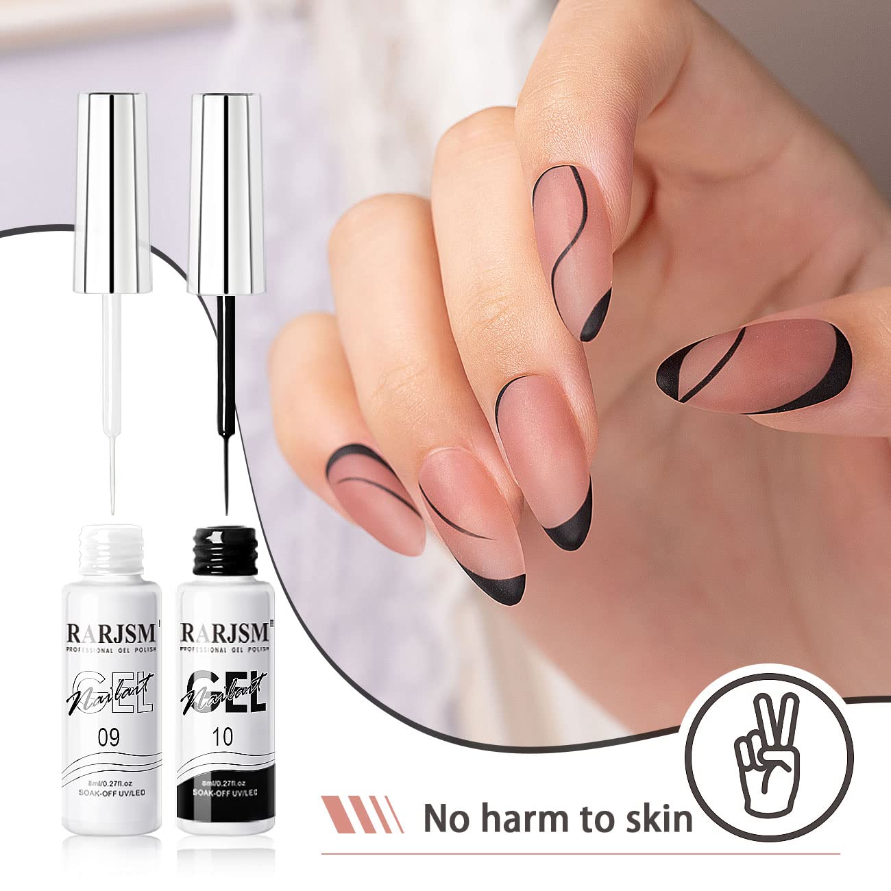 RARJSM Nail Art Gel,Liner Gel Polish,Black White Nail Design Polish Painted GelNailPolish Set 2Pcs Soak off Curing Requires 8ml Build in Thin Brush for Home Salon Diy Nails French Manicure Painting-BrightBean Baby