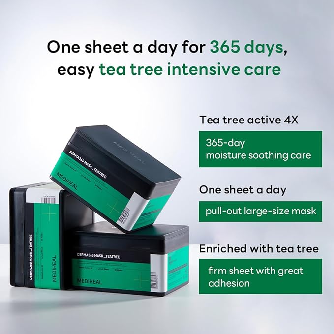 Mediheal Derma 365 Teetree Mask (30 Masks) - Daily Skin Care Mask for Deeply Comforting and Calming Skin with Teatree Active 4X-BrightBean Baby