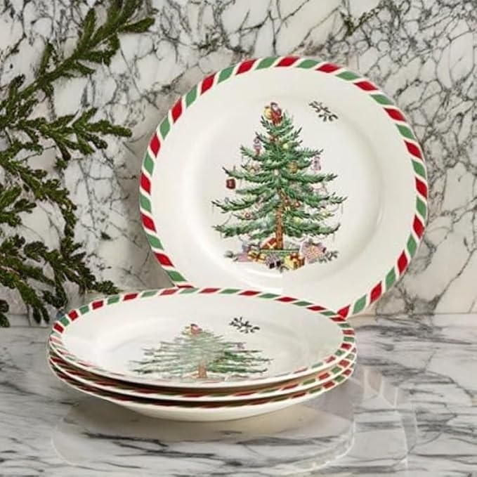Spode Christmas Tree 8" Candy Cane Appetizer Plates (Set of 4) - Festive Holiday Tableware, Dishwasher & Microwave Safe - Ideal for Desserts, Snacks, Salads - Christmas Décor & Holiday Gift