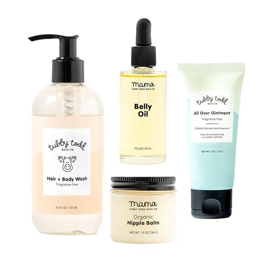 Tubby Todd New Baby & Mom Sensitive Skincare Kit - The Mama + Baby Gift Set - Baby Shampoo and Body Wash, All Over Ointment, Belly Oil & Nipple Balm - Standard Size Fragrance-Free-BrightBean Baby